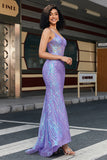 Elegante sirena Spaghetti Straps Paillettes viola Corsetto Prom Dress