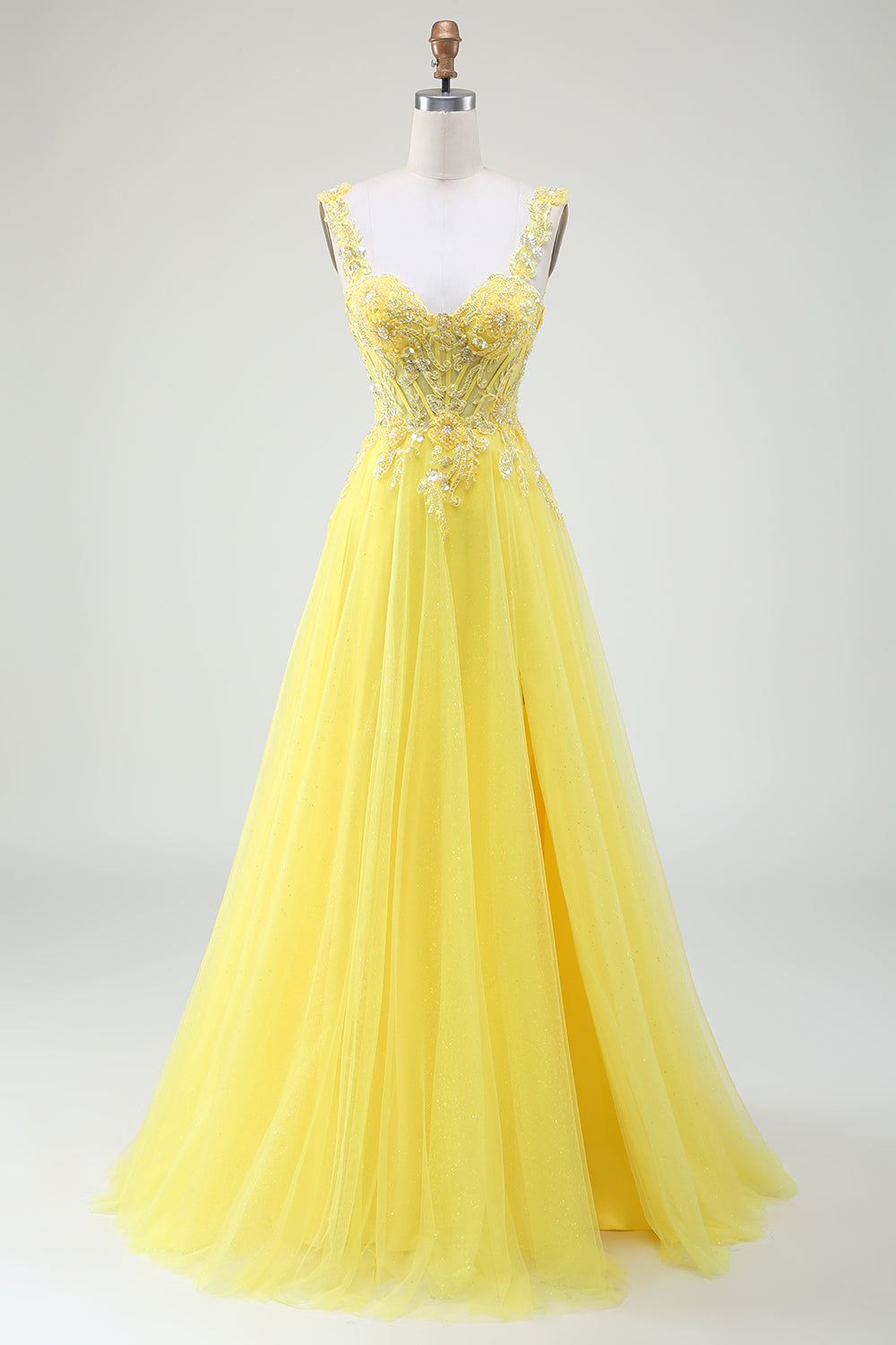 Abito da ballo bustier in tulle con spacco e perline giallo