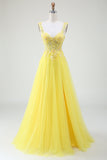 Abito da ballo bustier in tulle con spacco e perline giallo