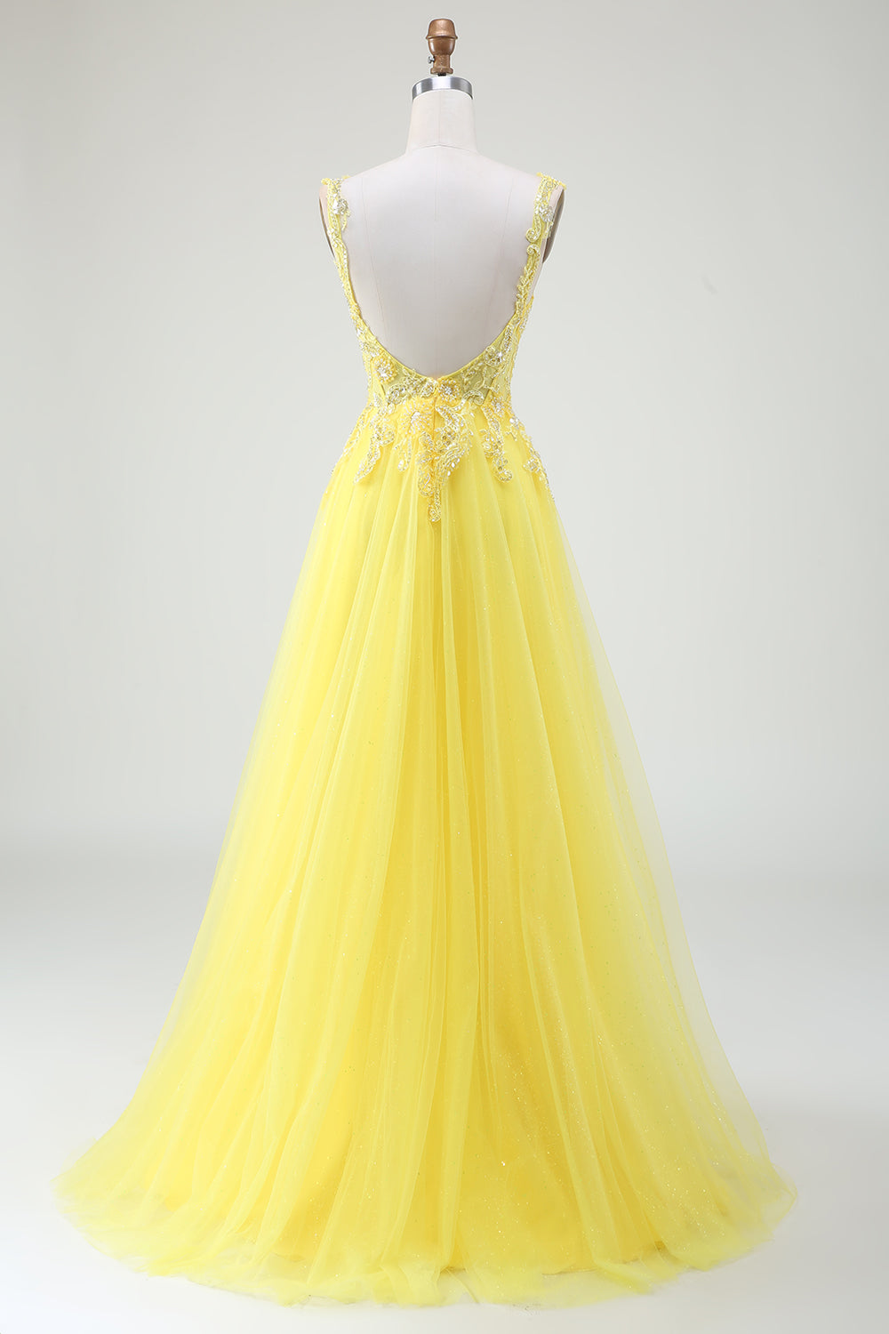 Abito da ballo bustier in tulle con spacco e perline giallo