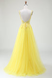 Abito da ballo bustier in tulle con spacco e perline giallo