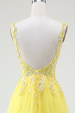 Abito da ballo bustier in tulle con spacco e perline giallo