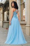 Splendido abito da ballo corsetto azzurro monospalla una linea con appliques