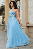 Splendido abito da ballo corsetto azzurro monospalla una linea con appliques