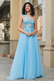 Splendido abito da ballo corsetto azzurro monospalla una linea con appliques