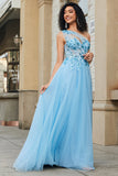 Splendido abito da ballo corsetto azzurro monospalla una linea con appliques