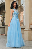 Splendido abito da ballo corsetto azzurro monospalla una linea con appliques