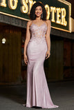 Trendy Mermaid Spaghetti Straps Blush Abito da ballo lungo con perline