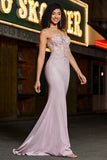 Trendy Mermaid Spaghetti Straps Blush Abito da ballo lungo con perline