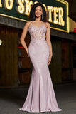 Trendy Mermaid Spaghetti Straps Blush Abito da ballo lungo con perline