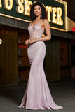 Trendy Mermaid Spaghetti Straps Blush Abito da ballo lungo con perline