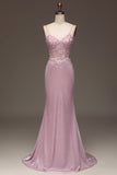 Glitter Blush Mermaid Spaghetti Straps Abito lungo da ballo con perline