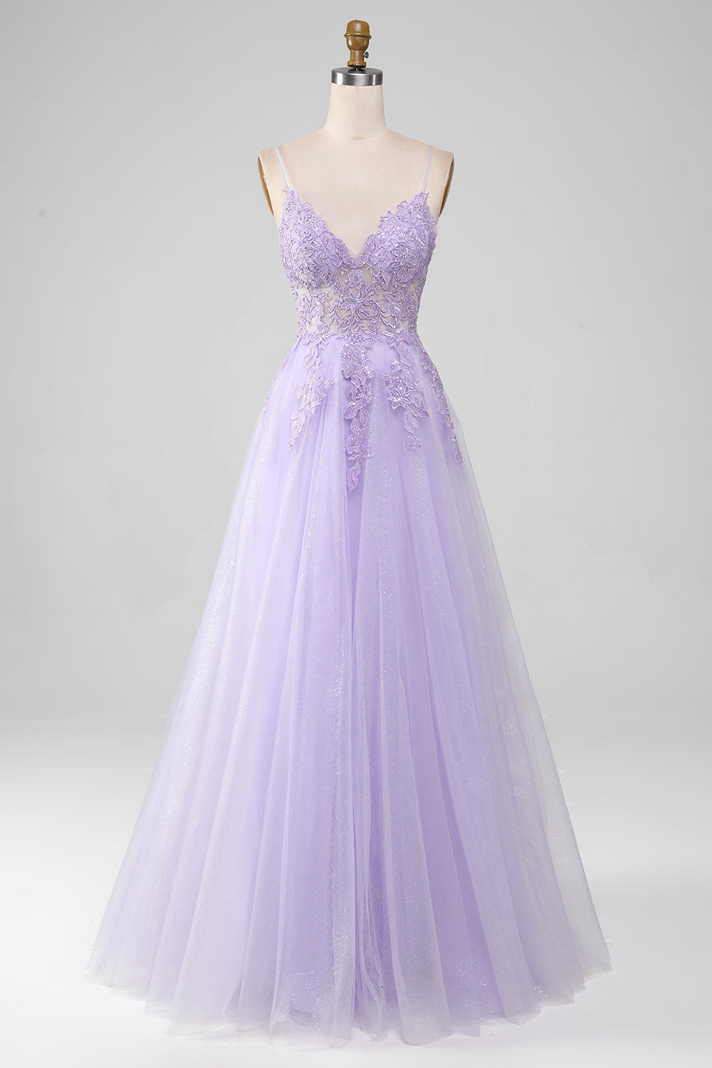 Sparkly viola chiaro A-Line Spaghetti Straps abito lungo da ballo con perline