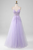Sparkly viola chiaro A-Line Spaghetti Straps abito lungo da ballo con perline