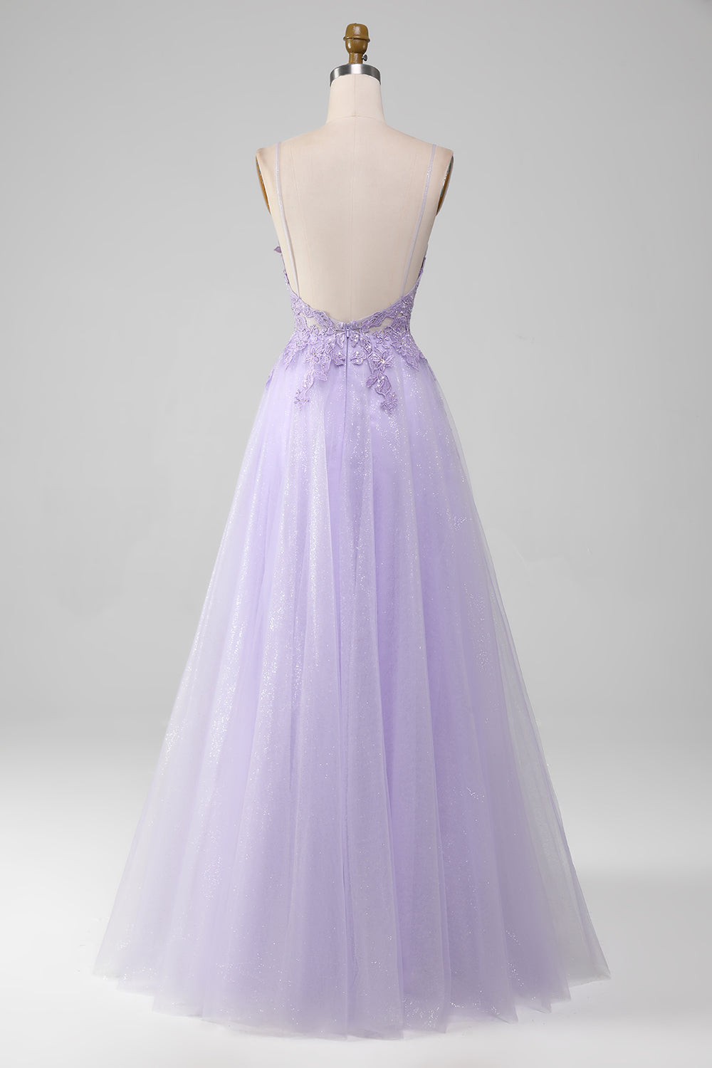 Sparkly viola chiaro A-Line Spaghetti Straps abito lungo da ballo con perline