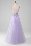 Sparkly viola chiaro A-Line Spaghetti Straps abito lungo da ballo con perline