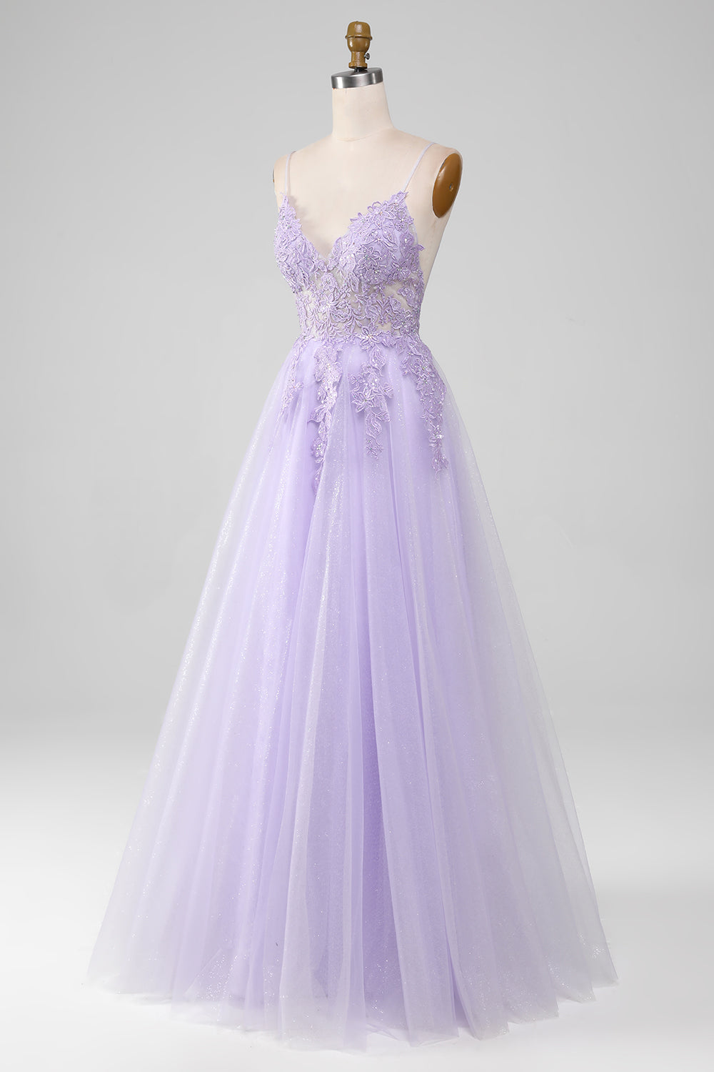 Sparkly viola chiaro A-Line Spaghetti Straps abito lungo da ballo con perline