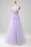 Sparkly viola chiaro A-Line Spaghetti Straps abito lungo da ballo con perline