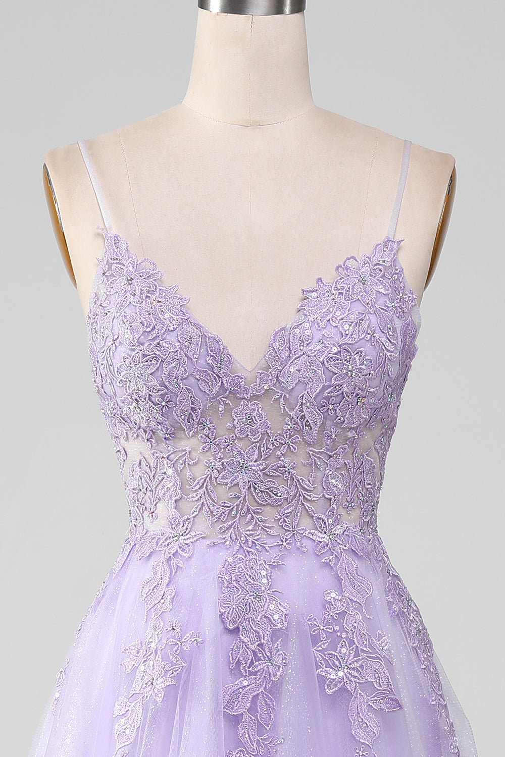 Sparkly viola chiaro A-Line Spaghetti Straps abito lungo da ballo con perline