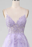 Sparkly viola chiaro A-Line Spaghetti Straps abito lungo da ballo con perline