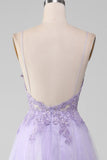 Sparkly viola chiaro A-Line Spaghetti Straps abito lungo da ballo con perline
