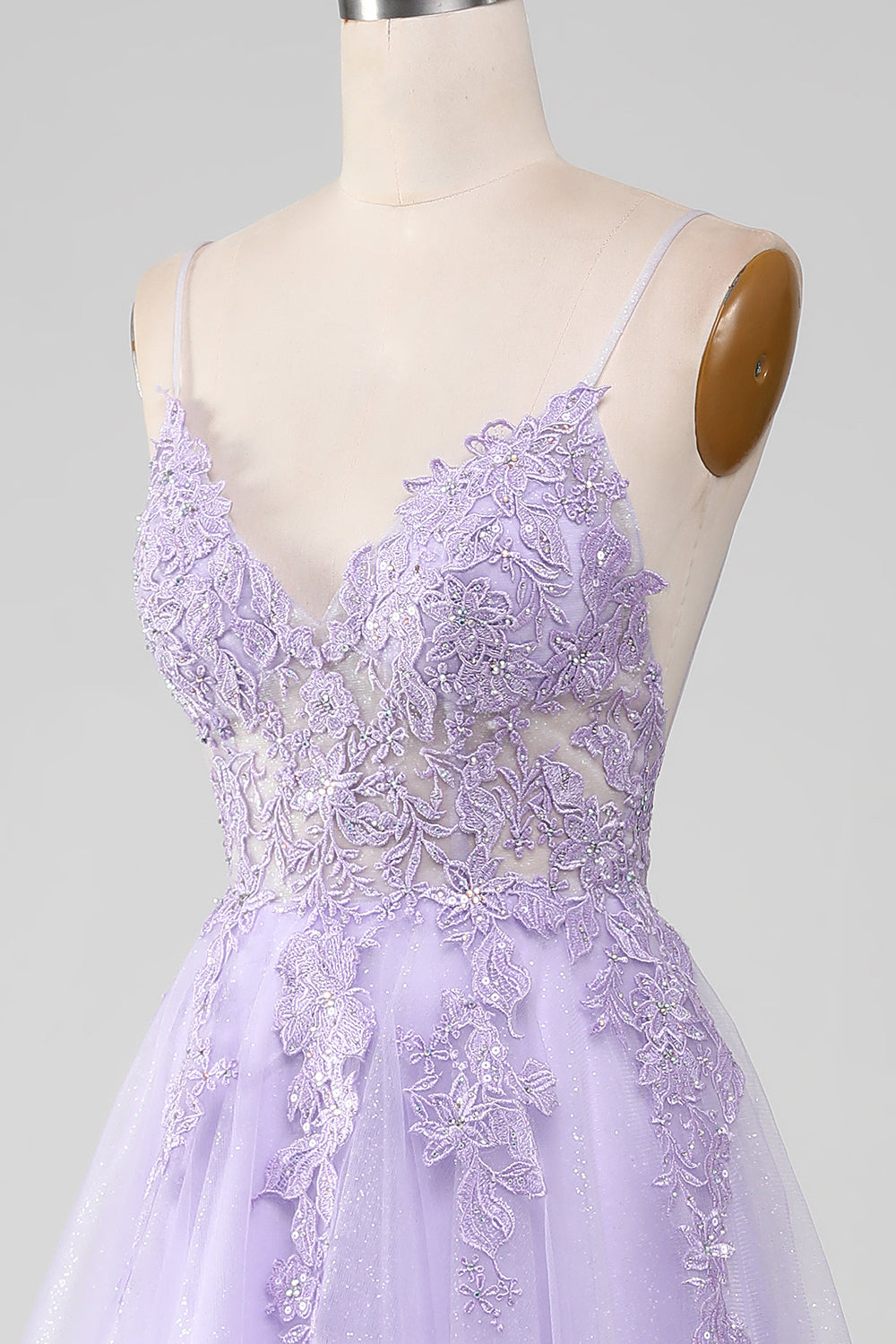 Sparkly viola chiaro A-Line Spaghetti Straps abito lungo da ballo con perline