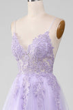 Sparkly viola chiaro A-Line Spaghetti Straps abito lungo da ballo con perline