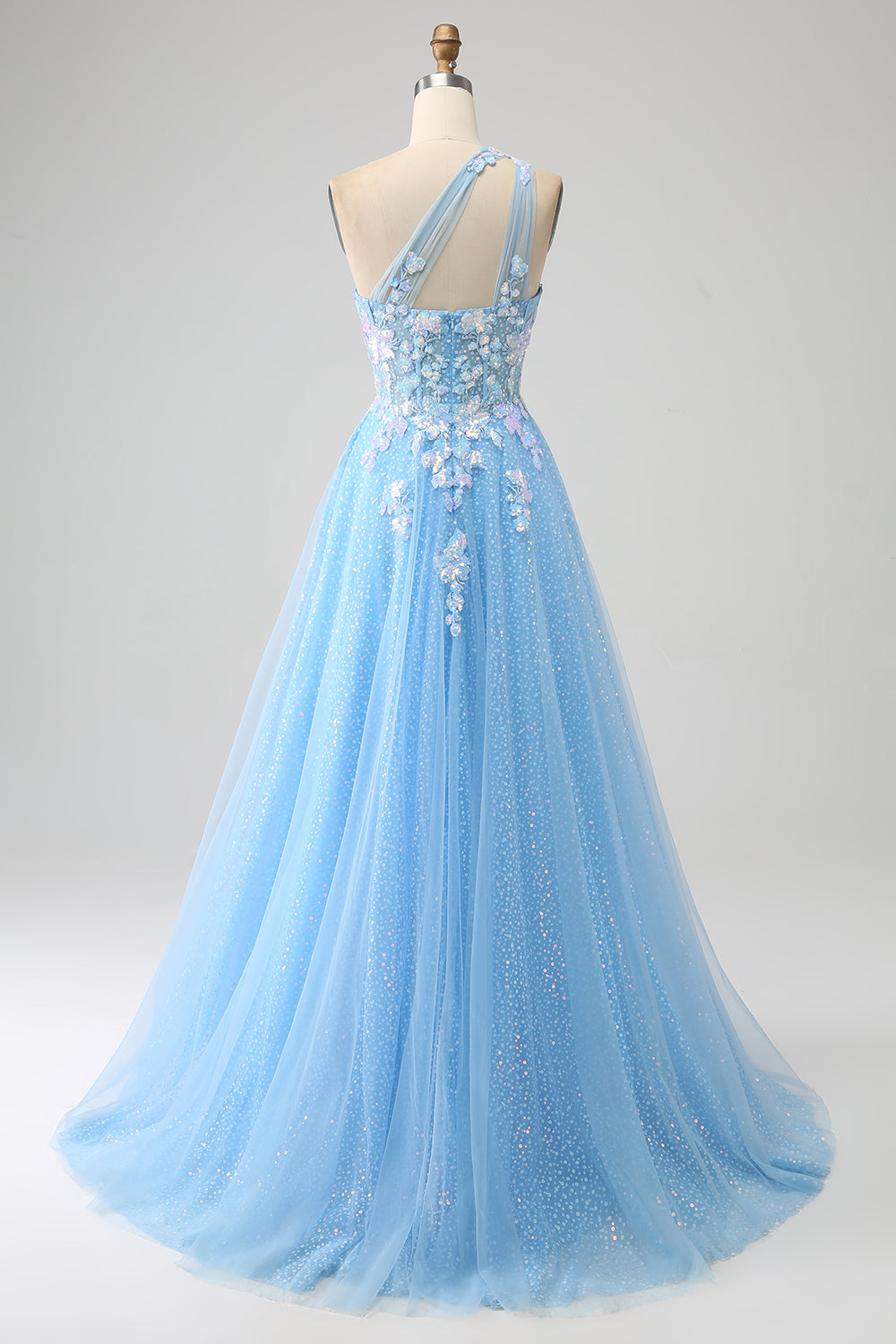 Splendida linea una spalla blu chiaro abito lungo in tulle prom con applicazioni