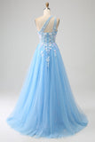 Splendida linea una spalla blu chiaro abito lungo in tulle prom con applicazioni