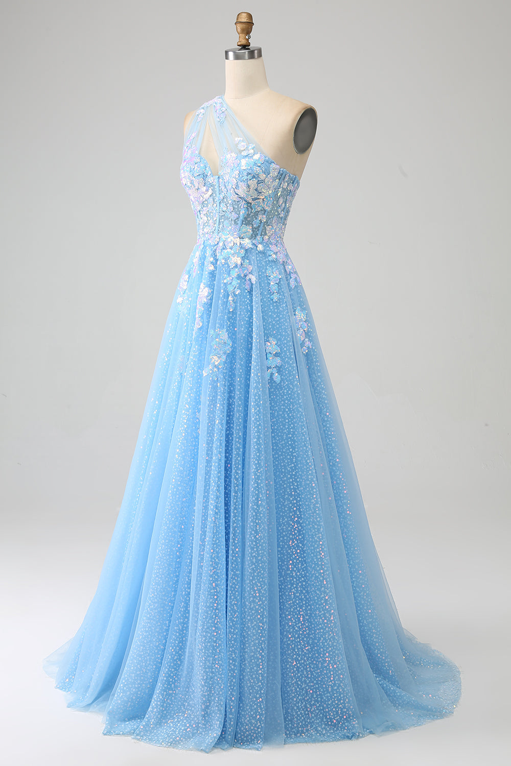Splendida linea una spalla blu chiaro abito lungo in tulle prom con applicazioni