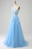 Splendida linea una spalla blu chiaro abito lungo in tulle prom con applicazioni