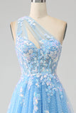 Splendida linea una spalla blu chiaro abito lungo in tulle prom con applicazioni