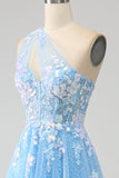 Splendida linea una spalla blu chiaro abito lungo in tulle prom con applicazioni