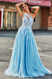 Abito da ballo lungo in tulle monospalla azzurro con appliques