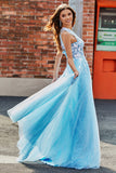 Abito da ballo lungo in tulle monospalla azzurro con appliques