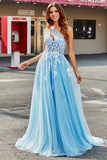 Abito da ballo lungo in tulle monospalla azzurro con appliques