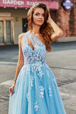 Abito da ballo lungo in tulle monospalla azzurro con appliques