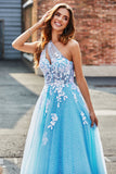 Abito da ballo lungo in tulle monospalla azzurro con appliques