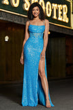 Splendida sirena Spaghetti Straps Abito da ballo corsetto blu con spacco anteriore