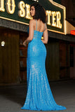 Splendida sirena Spaghetti Straps Abito da ballo corsetto blu con spacco anteriore