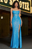 Splendida sirena Spaghetti Straps Abito da ballo corsetto blu con spacco anteriore