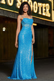 Splendida sirena Spaghetti Straps Abito da ballo corsetto blu con spacco anteriore