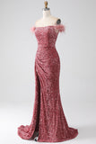 Sirena Fuori dalla spalla Blush Paillettes Abito da ballo con fessura