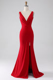 Abito da ballo rosso con scollo a V a sirena con spacco