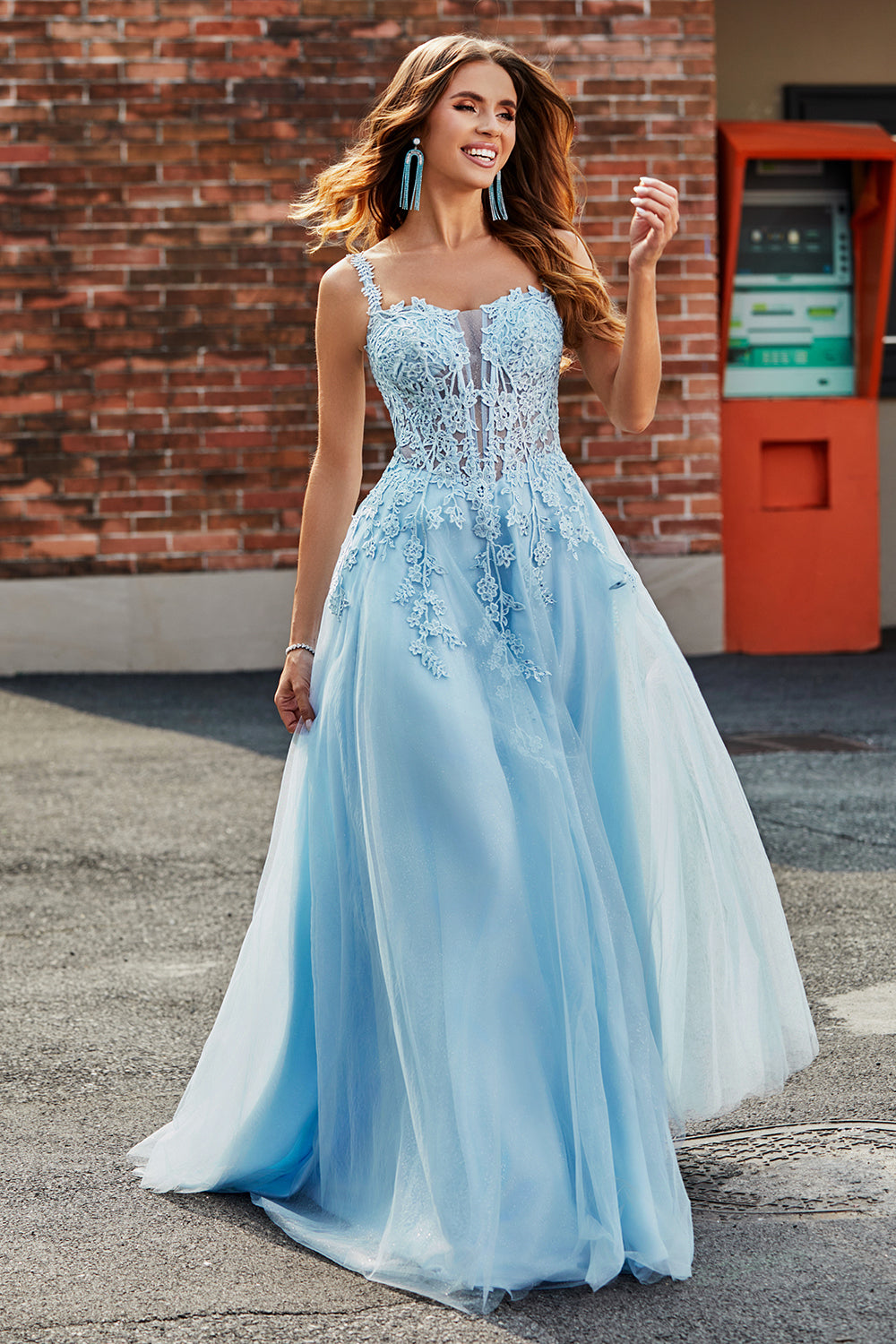 Splendido A Line Spaghetti Straps Azzurro Corsetto Prom Dress con Appliques