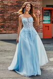 Splendido A Line Spaghetti Straps Azzurro Corsetto Prom Dress con Appliques