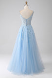 A-Line Abito da ballo corsetto azzurro con applicazioni