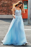Splendido A Line Spaghetti Straps Azzurro Corsetto Prom Dress con Appliques
