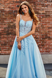 Splendido A Line Spaghetti Straps Azzurro Corsetto Prom Dress con Appliques