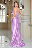 Abito da ballo lungo fucsia a sirena con spalline lunghe con spacco